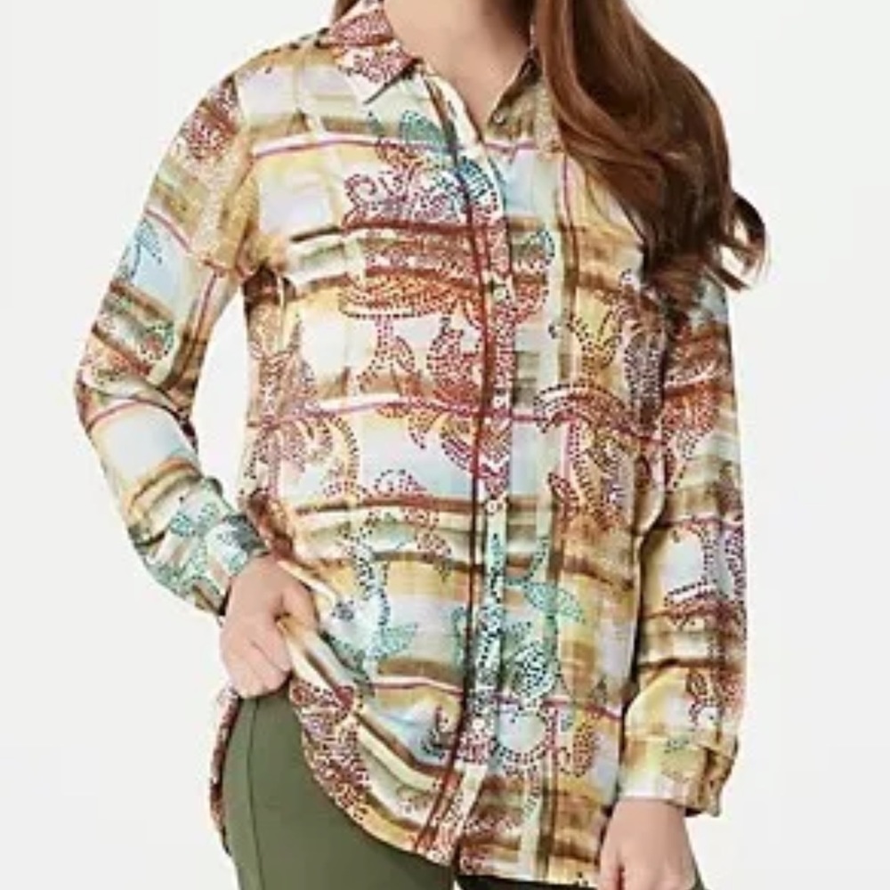 Susan Graver Multi Color Printed Charmeuse Button Up Tunic Top / Shirt / Blouse.